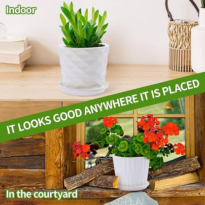Plant Pots - 5.5 Inch Cylinder Ceramic Planters with Connected Saucer, Pots for Succuelnt and Little Snake Plants, Set of 4, White