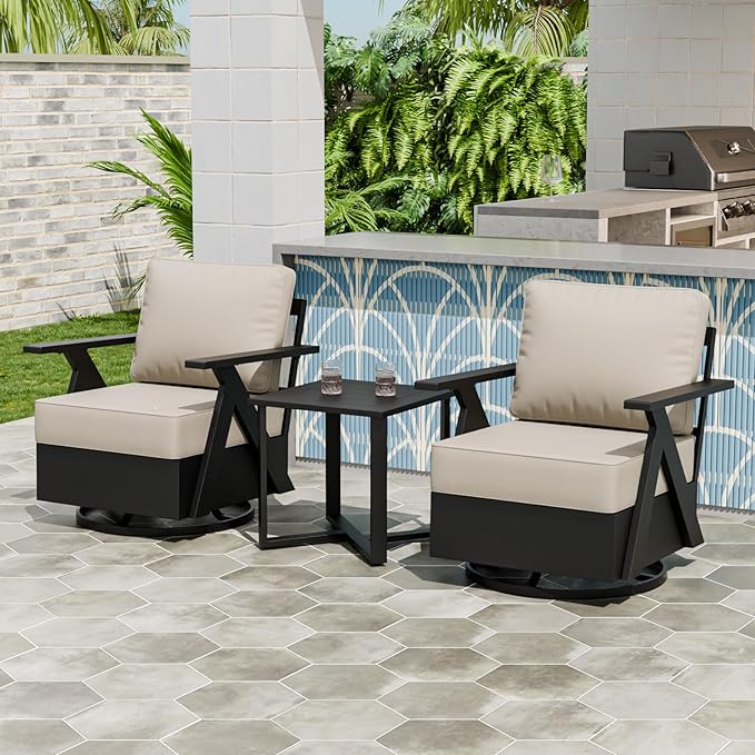 EAGLE PEAK Urban Slate 3 Piece Outdoor Bistro Set Modern Swivel Rocking Chairs and Table, Outdoor Furniture Set for Balcony Porch Deck or Backyard, Black/Beige