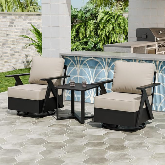 EAGLE PEAK Urban Slate 3 Piece Outdoor Bistro Set Modern Swivel Rocking Chairs and Table, Outdoor Furniture Set for Balcony Porch Deck or Backyard, Black/Beige