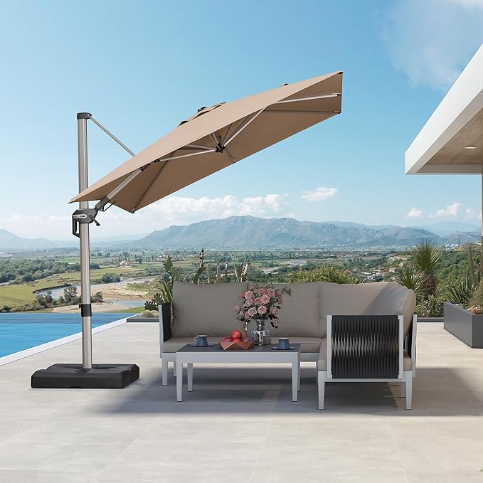 PURPLE LEAF 8' X 8' Left-right Tilting Patio Umbrella Outdoor Swivel Cantilever Umbrella Aluminum Offset Umbrella with Champagne Frame and 360-degree Rotation for Garden Deck Pool, Taupe