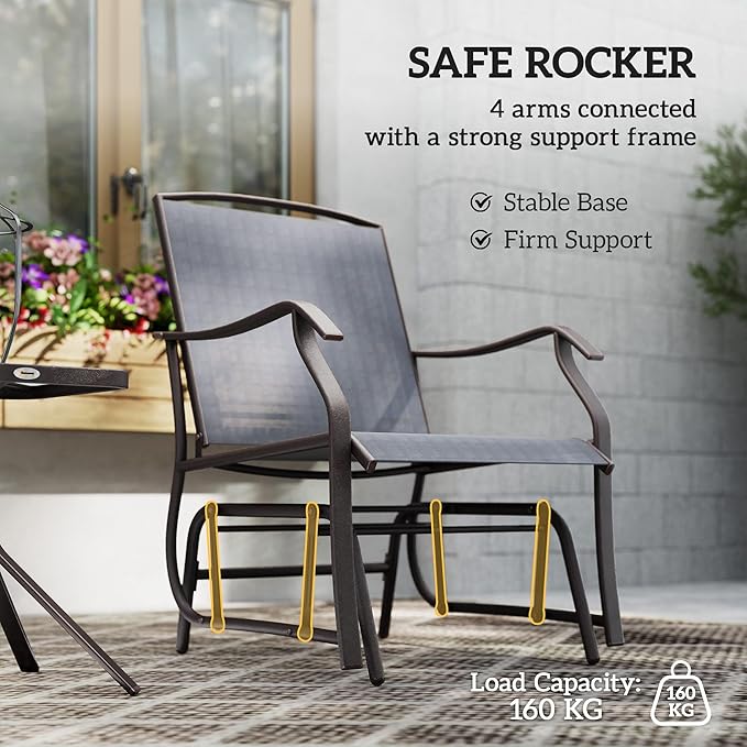 Outsunny 3 Piece Outdoor Glider Chair with Coffee Table Bistro Set, 2 Patio Rocking Swing Chairs with Breathable Sling Fabric, Glass Tabletop, for Backyard, Garden and Porch, Gray