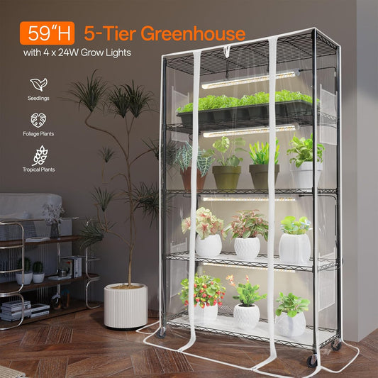 Indoor Greenhouse with Grow Light, Mini Green House with 4 Pack 24W Full Spectrum Plant Lights with Timer, Plant Shelf with Tent for Indoor Plant, Seed Starting, Seed Tray, 35.4"x13.8"x59"