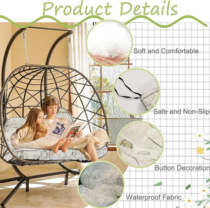 Swing Replacement Cushions with Backrest, 2 or 3 Seater Waterproof Non-Slip Overstuffed Swing Pad, Outdoor Bench Cushion for Porch Chair Swings Garden Furniture (White Leaves, 40 * 63 in)