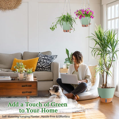 Hanging Planter for Indoor Plants 8 Inch, 2 Pack Self Watering Hanging Baskets for Plants, Hanging Flower Pots with Drainage Hole & 2 Kinds of Plant Hangers for Garden Home Decor (Green, 8 inch)