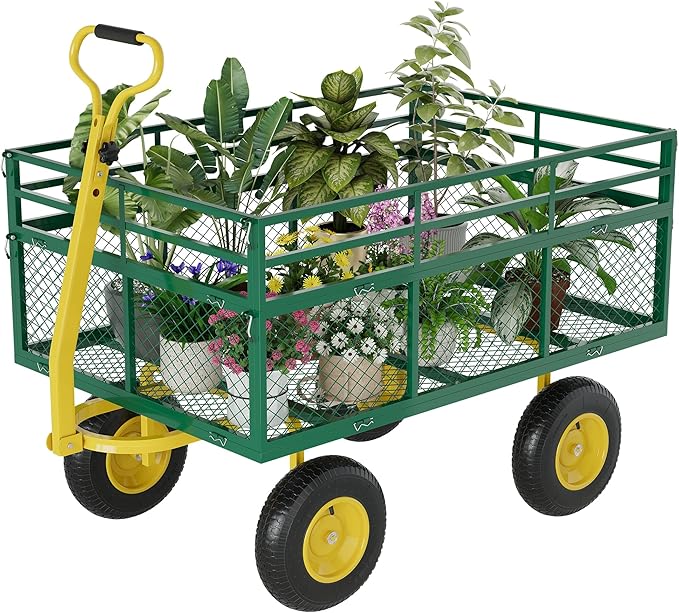 1400LB Capacity Garden Cart, 3-in-1 Heavy Duty Utility Wagon with 13" All-Terrain Tires, Removable Mesh Sides & 180° Swivel Handle - Outdoor Yard Cart for Gardening, Farming, Patio Use