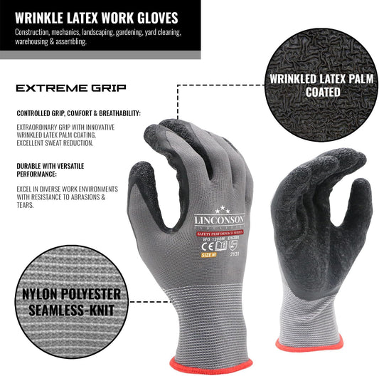 linconson 12 Pack Safety Performance Series Construction Mechanics Wrinkle Latex Work Gloves