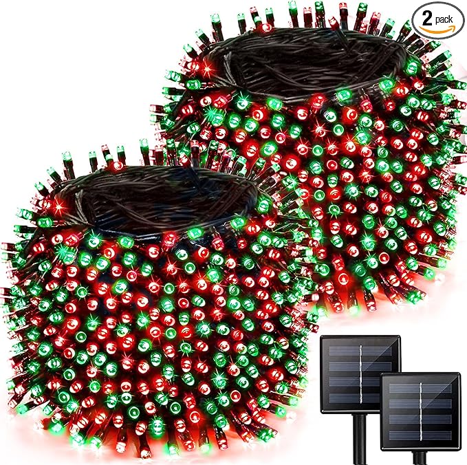 2 Pack 480 LED Solar Chrismas Lights Outdoor, 170 FT Super Long Solar String Lights for Outside with 8 Modes & Memory Function, Waterproof Twinkle Light for Xmas Tree Party Decorations (Red and Green)