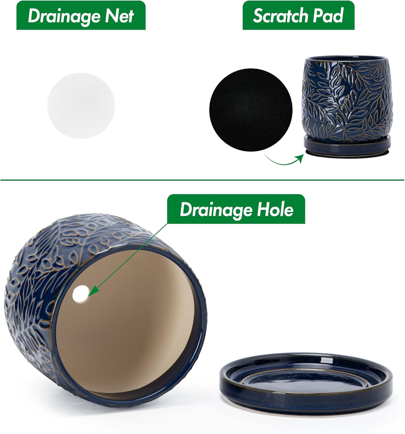 D'vine Dev 4 Inch Embossed Leaves Stoneware Planter Pot with Drainage Hole and Saucer, Midnight Blue, 27-A-Z-3