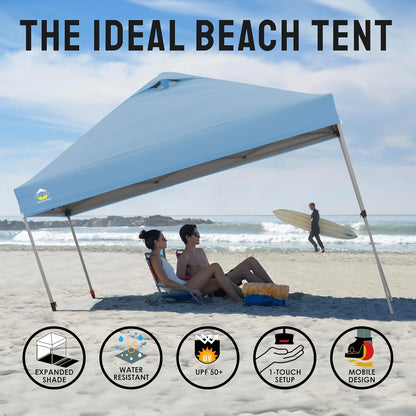 CROWN SHADES 10x10 Pop Up Canopy - Beach Tent with One Push Setup - Easy Outdoor Sun Shade for Events, Parties, Camping - Gazebo with STO-N-Go Cover Bag, Silver Coated Top, Cyan Blue
