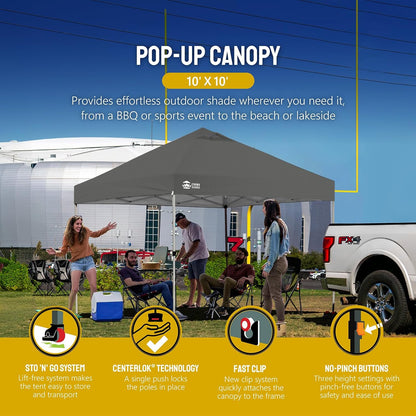 CROWN SHADES 10x10 Pop Up Canopy - Beach Tent with One Push Setup - Easy Outdoor Sun Shade Shelter for Events, Parties - Gazebo with STO-N-Go Cover Bag, Silver Coated Top, Grid Grey