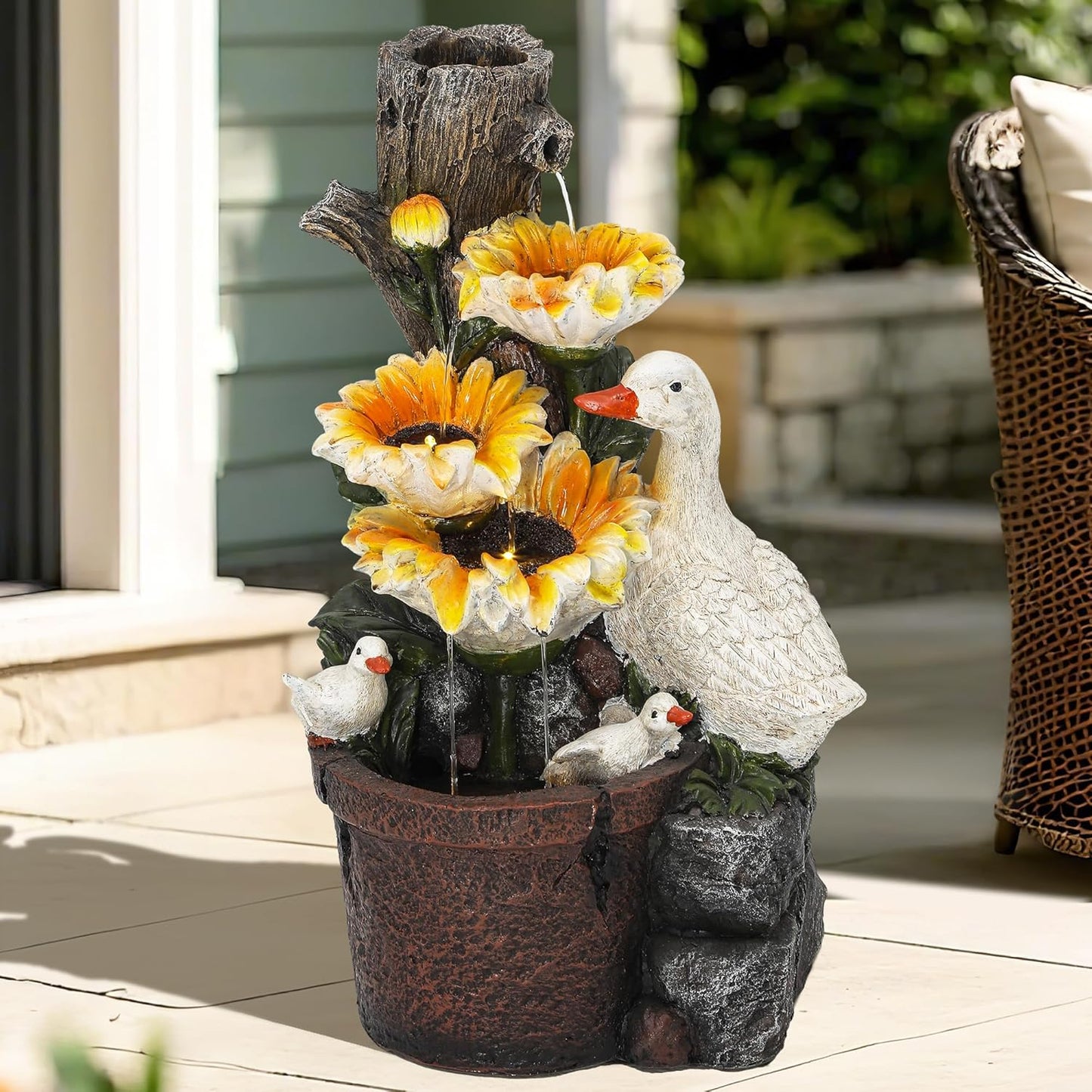 19.1" H Farmhouse Duck Garden Water Fountain with Sunflower, Indoor/Outdoor Freestanding, Soothing Cascading Waterfall with LED Lights, Decorative Water Feature for Patio, Yard, and Garden
