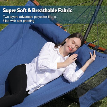 TegerDeger 12FT 2 Person Hammock with Stand Included 55 x 79IN Large Hammock 450LB Capacity with Hardwood Spreader Bar & Nylon Rope for Outside, Patio, Garden, Backyard, Beach, Poolside - Blue