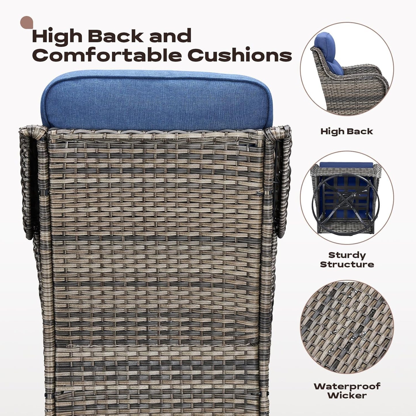Outdoor Patio Swivel Rocker Chairs Set of 2, Waterproof Wicker, High Back, Deep Seating, Wide Armrest, Upgraded 6 inch Thick Cushions, Side Table, Ideal for Deck Porch Yard, Mixed Grey-Blue