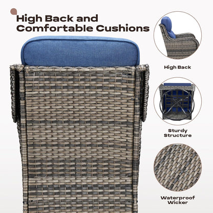 Wicker Outdoor Patio Furniture Set - 6 Piece Patio Conversation Sets with Swivel Rocker Chairs, Ottomans, Sofa and Table, 6 inch Cushions, Deep Seating, for Porch Deck Mixed Grey/Blue