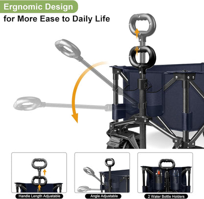 LUXCOL Collapsible Folding Wagon, Heavy Duty Utility Beach Wagon Cart for Sand with Big Wheels, Adjustable Handle&Drink Holders for Shopping, Camping,Garden and Outdoor Dark Blue
