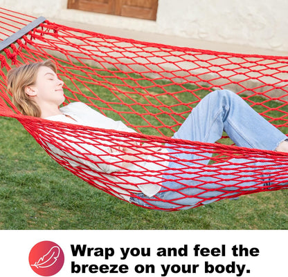 12ft Double Hammocks, Handwoven Traditional Cotton Rope Hammock with Hardwood Spreader Bar, Chains and Hooks for Indoor Outdoor, Max 450 lbs Capacity (Cherry, Full)