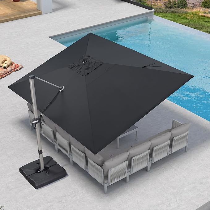 PURPLE LEAF 10' X 13' Patio Umbrella, Rectangle Outdoor Cantilever Umbrella, Aluminum Offset Umbrella with Champagne Frame and 360° Rotation for Pool Deck Garden, Black