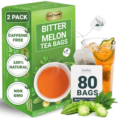 LeafLea 80 Bitter Melon Tea Bags, Premium Dried Momordica Charantia (Melon Amargo, Gohyah) Herbal Fruit Tea | Supports Wellness and Digestion | Caffeine-Free, Sugar-Free, Vegan, Pack of 2