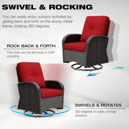 Joyside 5 Piece Patio Furniture Set, Outdoor Swivel Chair Sets with Thick Cushion and Ottoman, Wicker Patio Conversation Set for Porch, Deck Use (Brown/Red, 5 PCS)