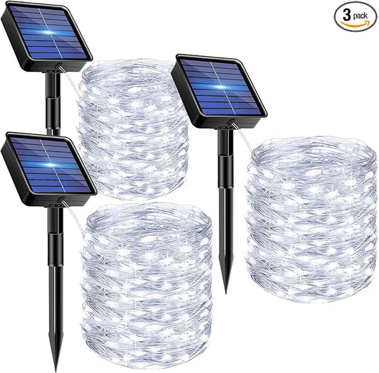 3 Pack Solar Fairy Lights for Outside Waterproof, 49FT/15M 150LED Solar String Light Outdoor 8 Modes Solar Twinkle Lights for Garden Yard Christmas Tree Wedding Party Decor, Cool White