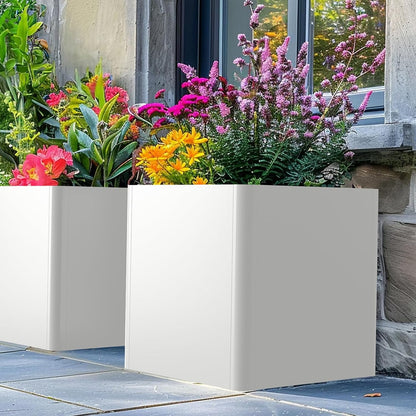 White Steel Square Planter 24" L x 24" W x 25" H,Cube Heavy Duty Flower Pot for Outdoor Plants with Drainage Holes,Metal Planter Box for Indoor and Outdoor All-Weather Use