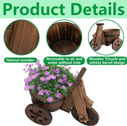Adnee 2 Pcs Wooden Barrel Tricycle Planter-Rustic Cart Garden Planter Pot-Decorative Raised Barrel Wagon Planter for Indoor Decor Outdoor Patio Lawn Garden Backyard