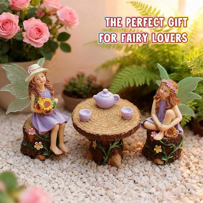 DONABELA Fairy Garden Kit Figurine Set Supplies 2 Fairies Table 2 Chairs Teapot Teacups Miniature Decor Accessories Tiny Furniture Outdoor Indoor Ornament Gift for Kids