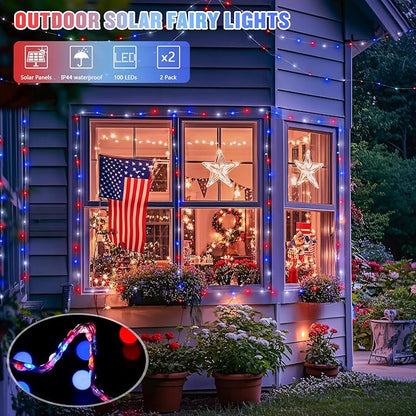 JMEXSUSS 2 Pack Red White and Blue Solar Lights, Each 100 LED 33FT Solar Fairy Lights Outdoor Waterproof, 4th of July Solar String Lights for Independence Day Outside Decorations