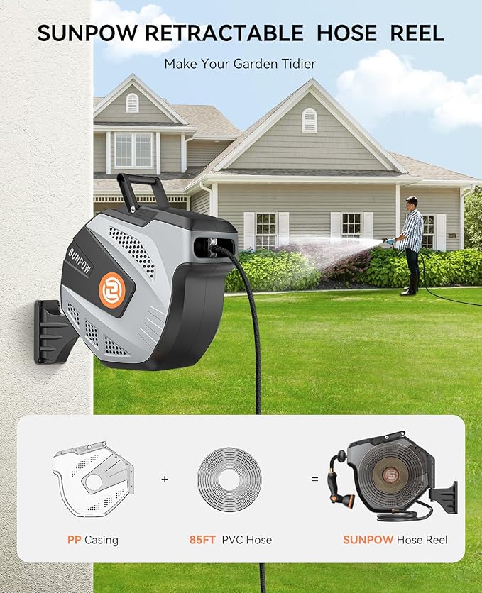 SUNPOW Retractable Garden Hose Reel - 1/2 inch x 85ft Wall Mounted Hose Reel with 3/4 inch Brass Fitting & 10 Function Sprayer Nozzle - Any Length Lock, Auto Rewind System, 180°Swivel Bracket- Grey
