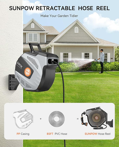 SUNPOW Retractable Garden Hose Reel - 1/2 inch x 85ft Wall Mounted Hose Reel with 3/4 inch Brass Fitting & 10 Function Sprayer Nozzle - Any Length Lock, Auto Rewind System, 180°Swivel Bracket- Grey