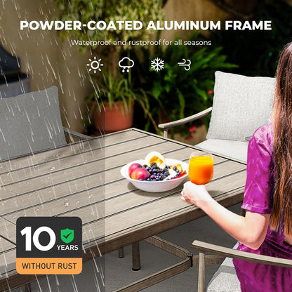 HAPPATIO Patio Table for 8, Large Modern Rectangle Outdoor Dining Table with Umbrella Hole and Adjustable Feet, All Weather Aluminum Patio Table for Garden, Backyard and Poolside, Grey