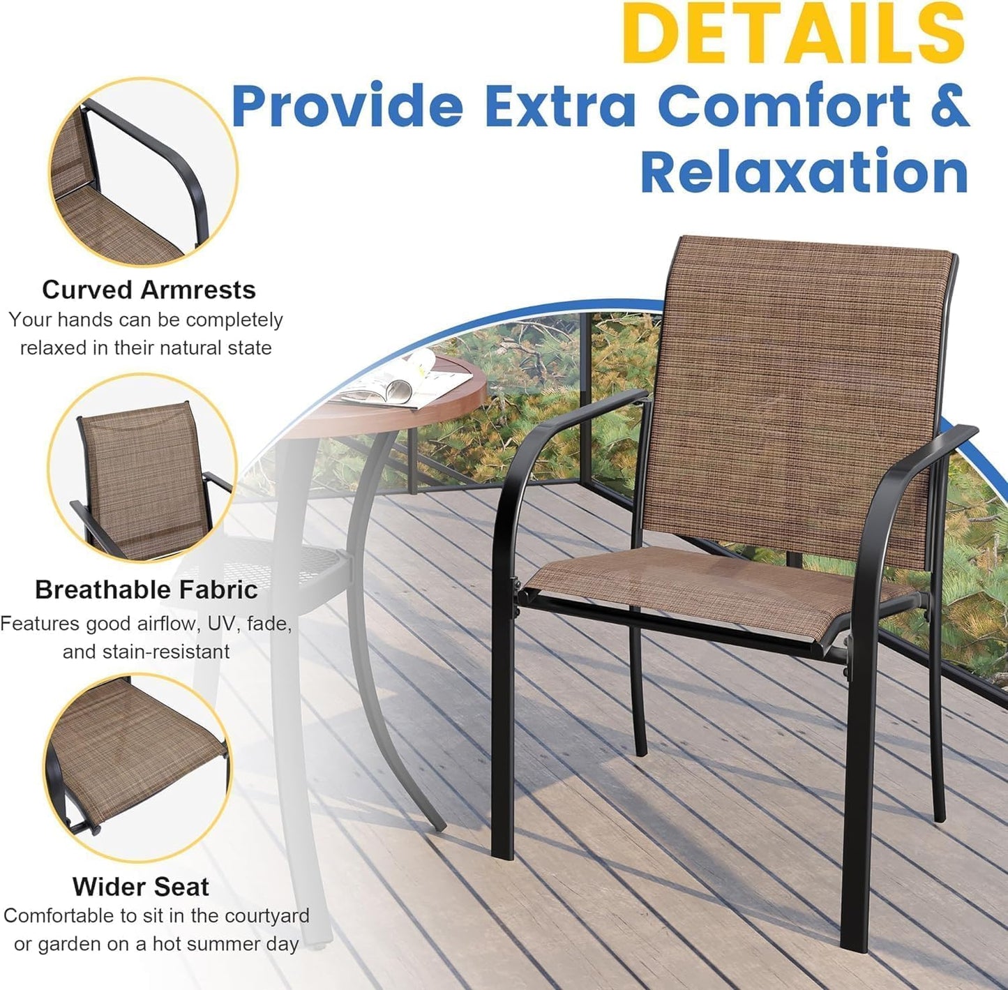 VICLLAX Patio Dining Set for 8, Outdoor Furniture Set Includes 53" Round Patio Table and 8 Patio Sling Chairs, Black Tabletop and Brown Fabric