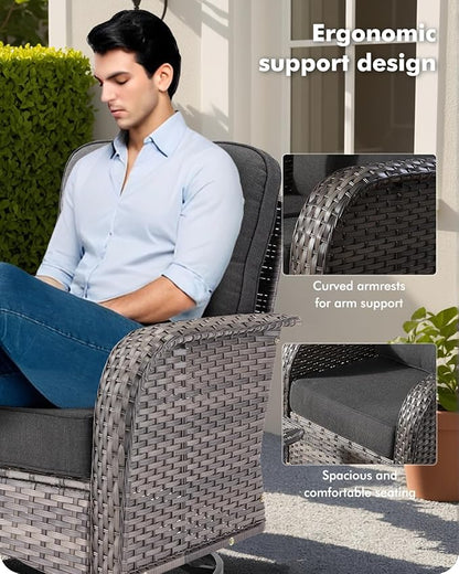 7-Piece Wicker Patio Furniture Set, All-Weather Rattan Conversation Bistro Loveseat Chair and Patio Rockers Set for Backyard, Balcony and Deck with Soft Cushions and Metal Table(Black)