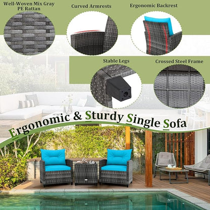 RELAX4LIFE 3 Piece Patio Furniture Set, Wicker Bistro Conversation Set w/2 Cushioned Armchairs & Glass Topped Table, Outdoor Rattan Sofa Set Patio Furniture for Porch Balcony Poolside (Grey-Turquoise)