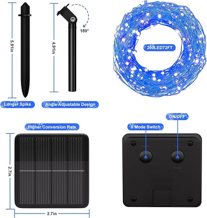 Solar String Lights for Outside, 72Ft 200 LED Solar Fairy Lights with 8 Modes, Solar Powered Fairy Lights Waterproof for Christmas Tree Garden Party Wedding Decor.（Blue）