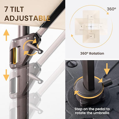 10 X 13 FT Cantilever Patio Umbrella Outdoor Heavy Duty Double Top Windproof Rectangle Offset Umbrellas with 360-degree Rotation for Pool Deck Backyard, Beige