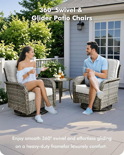 5 Pieces Patio Furniture Set,Outdoor Furniture with Rockers, Rattan Conversation Sets w/Coffee Table, Grey Wicker Light Grey Cushion