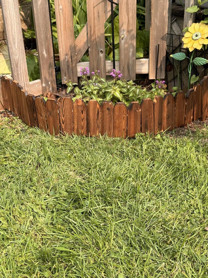 Wood Fence Border for Garden Beds – 9.8" H x 47" L Wooden Landscape Edging Panels, Rustic Decorative Outdoor Divider for Lawn, Path, and Yard Design (9-Pack)