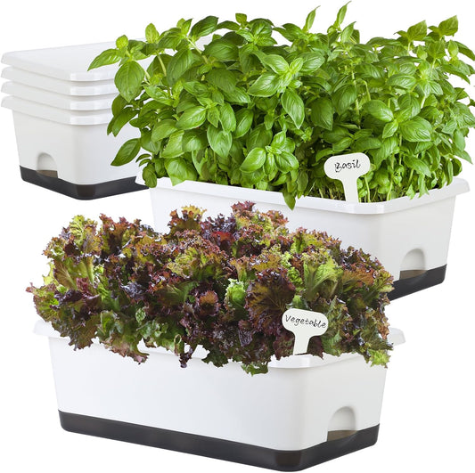 Window Box Planter 6 Pcs, 18 Inches Rectangle Flower Pots with Drainage Holes and Trays, Vegetable Planters for Windowsill Patio Garden Balcony Home Porch Yard Indoor Outdoor (White, 18*10*6 inch)