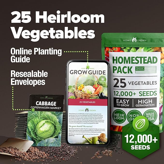 HOME GROWN 𝗨𝗦𝗔 𝗣𝗥𝗘𝗠𝗜𝗨𝗠 25 Heirloom Vegetable Seeds Kit - 12,000+ NON-GMO Seeds for Planting Vegetables, Survival Garden Seed Vault, Tomatoes Carrots Beans Kale Peppers, Indoor Outdoor Garden