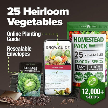 HOME GROWN 𝗨𝗦𝗔 𝗣𝗥𝗘𝗠𝗜𝗨𝗠 25 Heirloom Vegetable Seeds Kit - 12,000+ NON-GMO Seeds for Planting Vegetables, Survival Garden Seed Vault, Tomatoes Carrots Beans Kale Peppers, Indoor Outdoor Garden