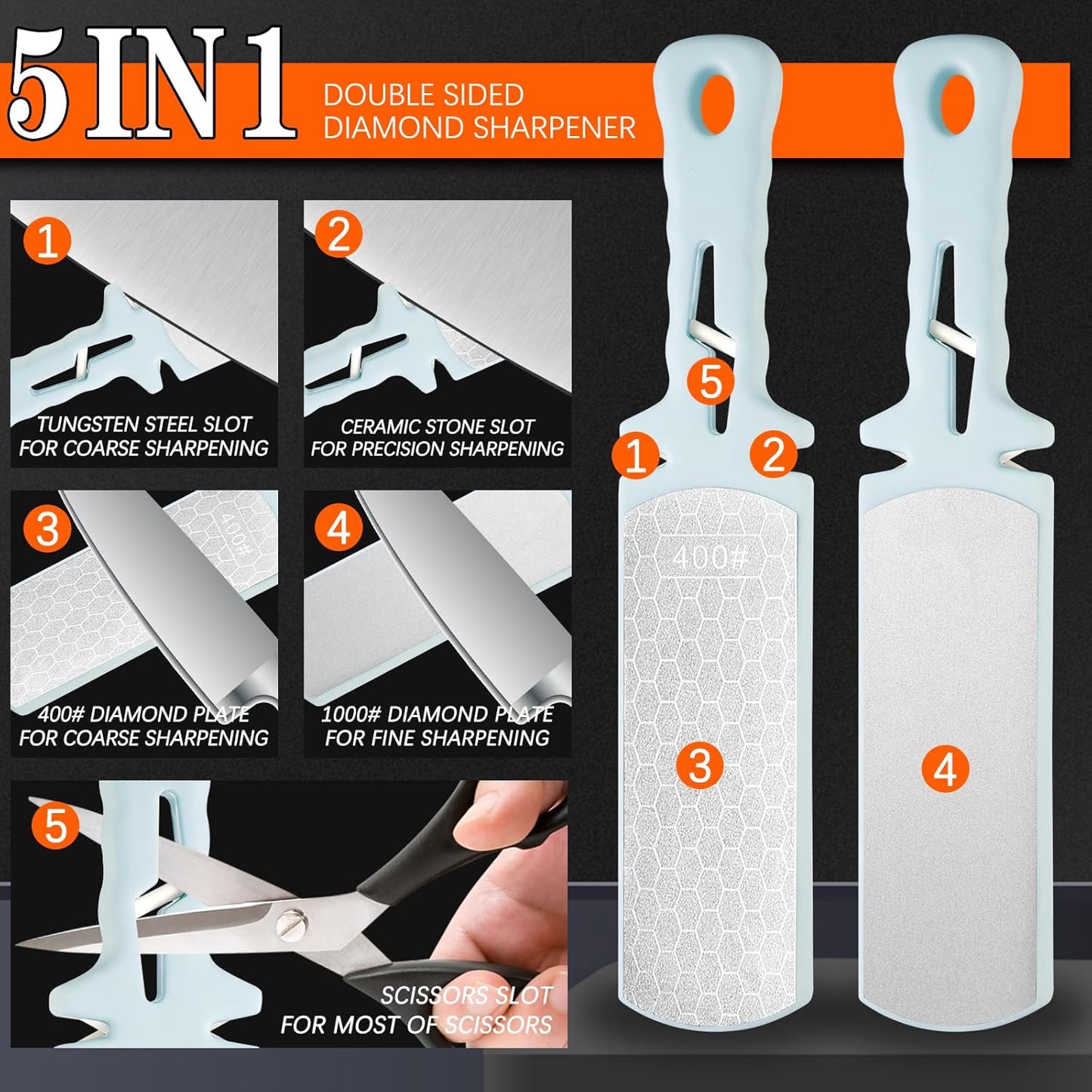 Diamond Sharpening Stone,400/1000 Grit Handheld Double-Sided Diamond Sharpener 5 in 1 Honeycomb Surface Knife Sharpener Plate Whetstone with Ceramic & Tungsten Steel Scissor Slot,Blue