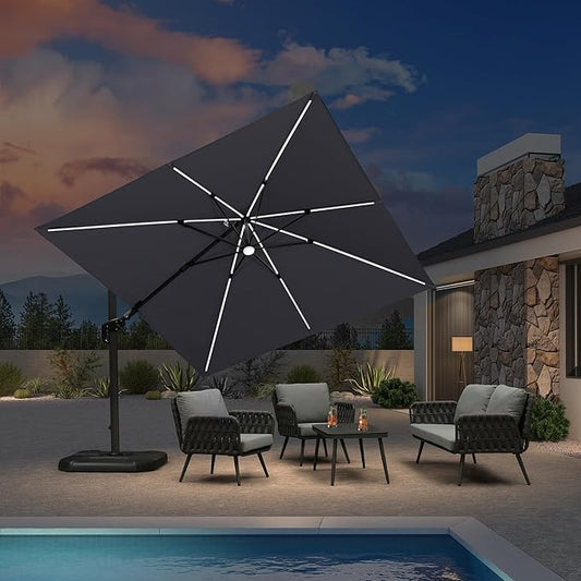 PURPLE LEAF 10 Feet Patio Umbrella Outdoor Cantilever Solar Powered LED Swivel Square Umbrella Aluminum Offset Umbrella with 360-degree Rotation for Garden Deck Pool Patio Light Grey