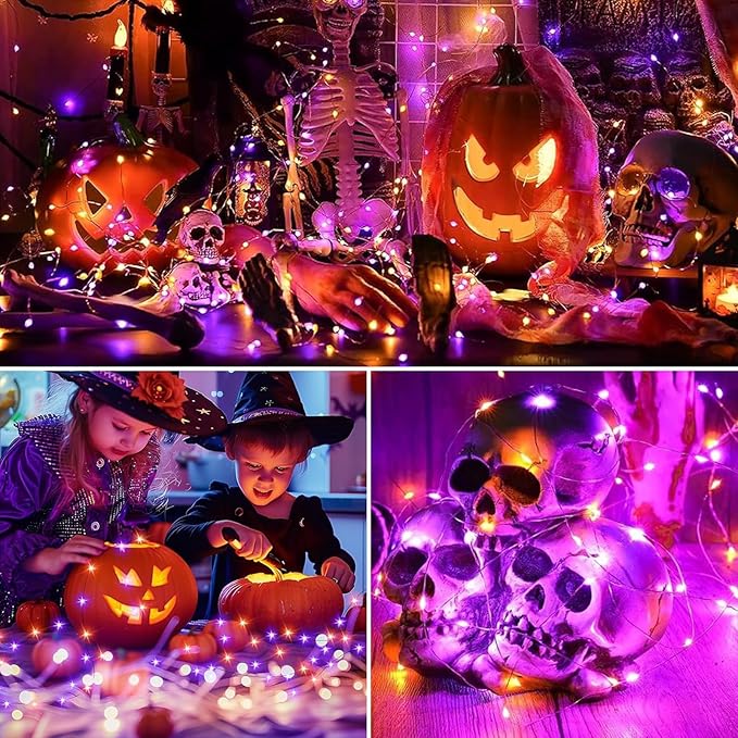 Solar String Lights Outdoor Waterproof 2 Pack Total 66ft 200LED 8 Modes Twinkle Lights Solar Fairy Lights for Patio, Garden Yard Party Tree Christmas Halloween Decoration, Orange + Purple