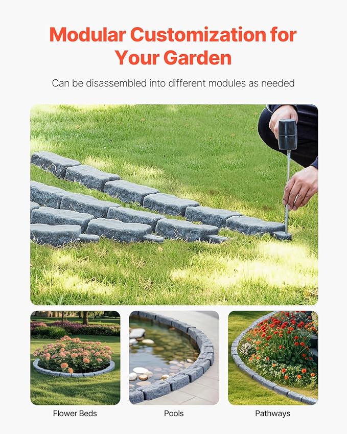 VEVOR Faux Stone Landscape Edging, No Dig Garden Edging Border, Flexible Blocks for Lawn Edging, Flower Beds, Driveway, Yards with 12 Spikes, 4 Pack 24 Bricks 16FT Kit, 46.5" Lx 3.7" W x 2.2" H, Grey