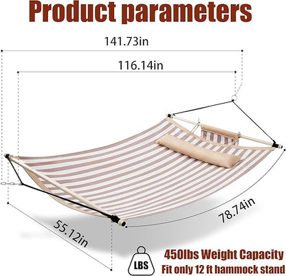 TegerDeger Anti-flip 12FT Hammock Large Hammock 450LB Capacity with Iron Spreader Bar & Nylon Rope for Outside, Patio, Garden, Backyard, Beach - Beige Strips