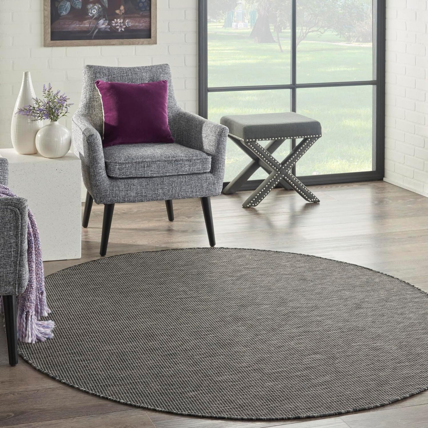 Nourison Positano Indoor/Outdoor Charcoal 6' x Round Area Rug, Easy Cleaning, Non Shedding, Bed Room, Living Room, Dining Room, Backyard, Deck, Patio (6 Round)