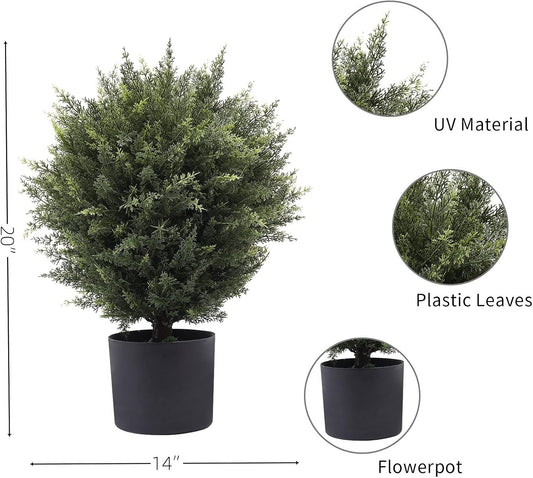 21” Artificial Cedar Outdoor Artificial Shrub Sunlight Resistant Leafy Potted Plant for Indoor Porch of Home and Office Artificial Outdoor Tree 2 Pieces a Set Topiary Trees