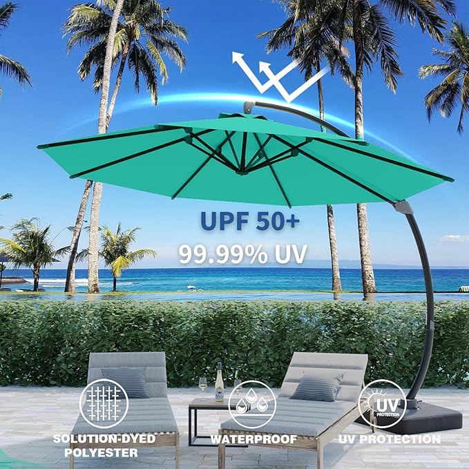 Outdoor Patio Umbrella with Sand Bag Included, 11 FT Deluxe Curvy Cantilever Umbrella Offset Hanging Umbrella with 360° Rotation for Market, Pool, Garden, Backyard, Deck