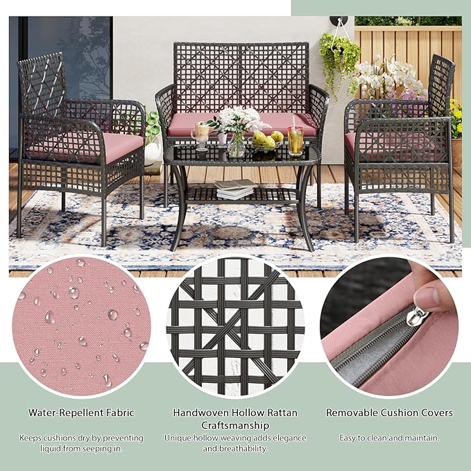 4-Piece Patio Furniture Set, Weather-Resistant Rattan Patio Conversation Set with Two-Tier Coffee Table, Upholstered Openwork Wicker Furniture for Porch, Garden, Lawn, Red